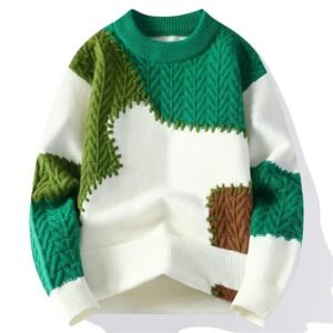 Knitted Patchwork Color Block Round Neck Sweater